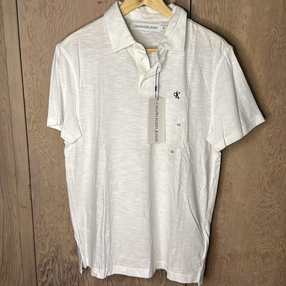 NWT Calvin Klein Jeans White With Black Logo Polo Shirt Size Small
